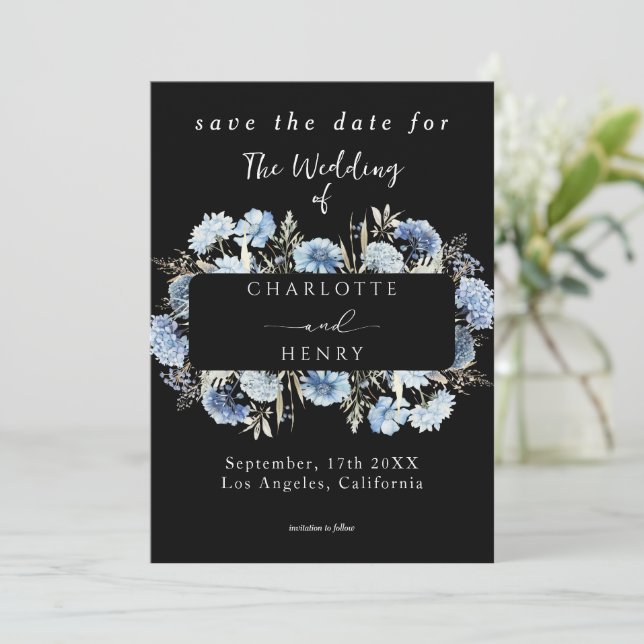  Blue Wildflowers Frame Elegant Black Wedding  Save The Date (Standing Front)