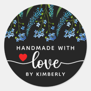 Blue Wildflowers Handmade with Love Black Classic Round Sticker