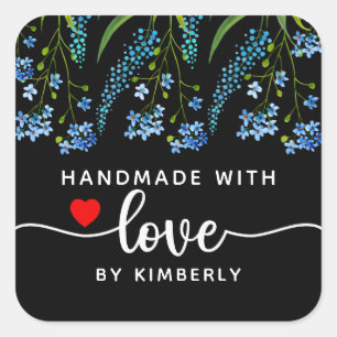 Blue Wildflowers Handmade with Love Black Square Sticker
