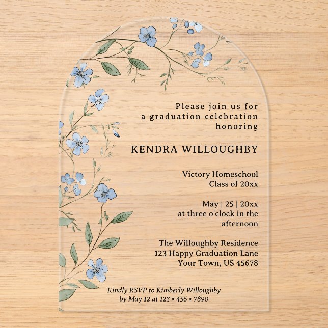 Blue Wildflowers Homeschool Graduation Arch  Acrylic Invitations (Front)