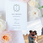 Blue Wildflowers Monogram Crest Save The Date Card<br><div class="desc">Blue Wildflowers Monogram Crest Save The Date Card

Elegant and delicate wedding save the date card featuring a monogram crest adorned with delicate small blue wildflowers and greenery on a white background.  The couples photo appears on the back.</div>