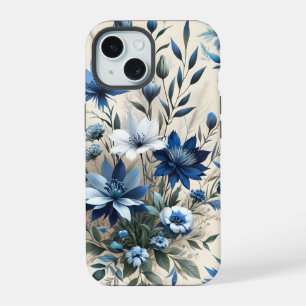 Blue Wildflowers on a White Background iPhone 15 Case