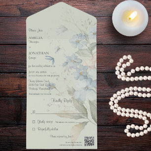 Blue Wildflowers on Sage Green QR Code  All In One Invitation