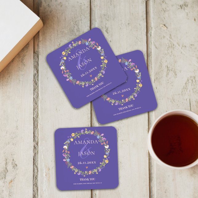 Blue Wildflowers Purple Yellow Floral Wedding  Coaster (Creator Uploaded)