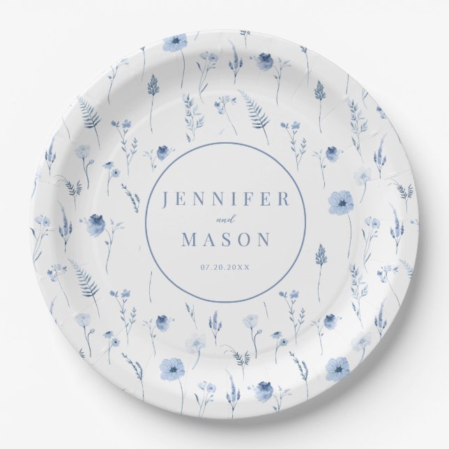 Blue wildflowers tiny flowers wedding paper plates (Front)
