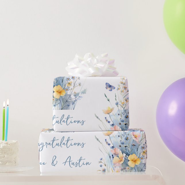 Blue Wildflowers Wedding/Shower Congratulations  Wrapping Paper (Party Gifts)
