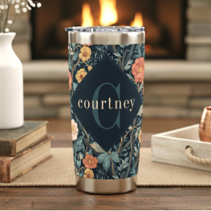 Blue William Morris Floral Elegant Monogram Insulated Tumbler
