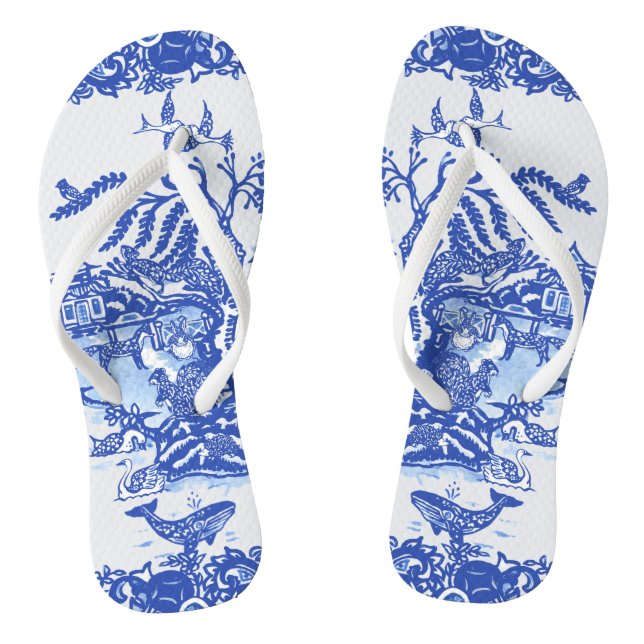 Blue Willow Animal Oriental Garden Whimsical Fox Flip Flops (Footbed)