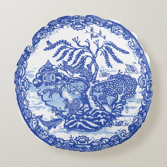 Blue Willow Animal Pagoda Garden Scene Chinoiserie Round Pillow (Front)