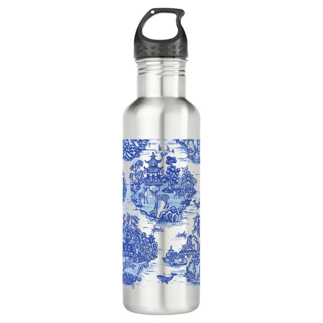 Blue Willow Animal Rabbit Deer Fox Bird Toile 710 Ml Water Bottle (Front)
