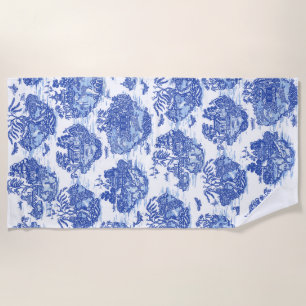 Blue Willow Animal Rabbit Deer Fox Bird Toile Art  Beach Towel