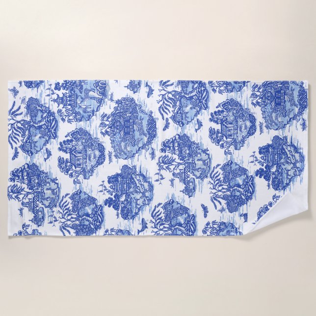 Blue Willow Animal Rabbit Deer Fox Bird Toile Art  Beach Towel (Front)