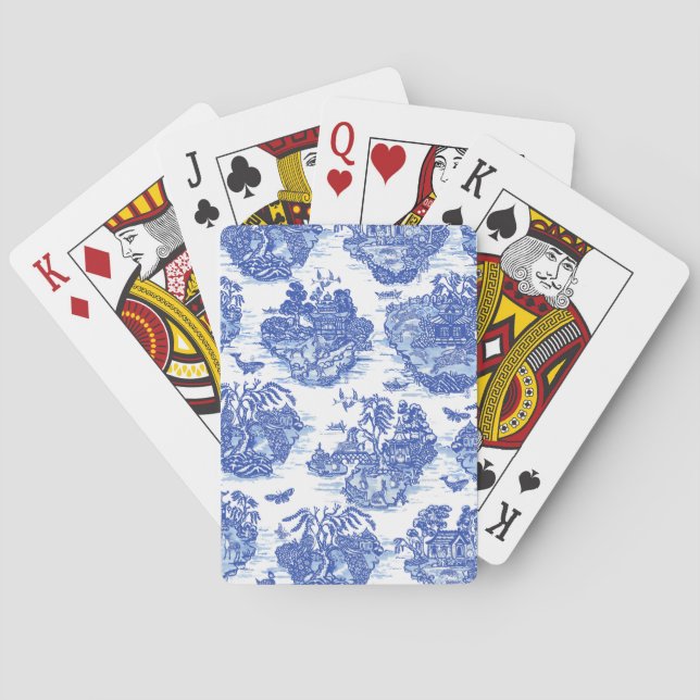 Blue Willow Animal Rabbit Deer Fox Bird Toile Art Playing Cards (Back)