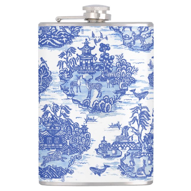 Blue Willow Animal Rabbit Deer Fox Bird Toile Hip Flask (Front)
