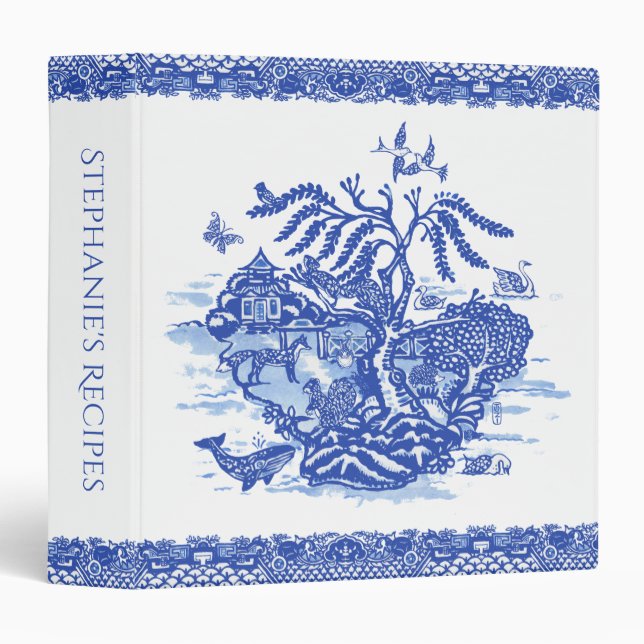 Blue Willow Border Animal Island Whimsical Design Binder (Front/Spine)