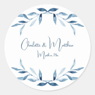 Blue Willow Branches, Watercolor Wedding Classic R Round Sticker