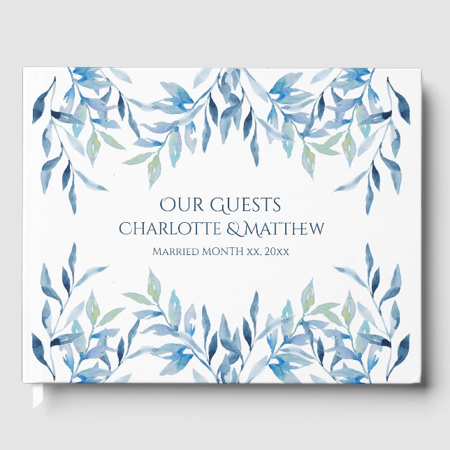 Blue Willow Branches, Watercolor Wedding Guest Book (Front)