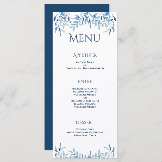 Blue Willow Branches Watercolor Wedding Reception Menu (Front/Back)
