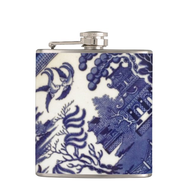 Blue Willow China Plate Pattern Design Oriental Hip Flask (Front)