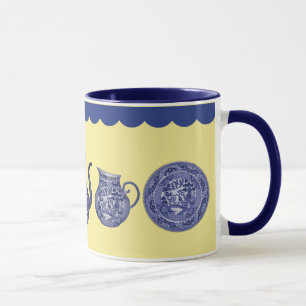 Blue Willow China Plate Pitcher Jug on Yellow Mug