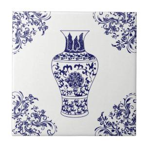 Blue Willow Chinoiserie White and Blue Ginger Jar  Tile