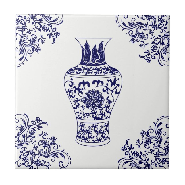 Blue Willow Chinoiserie White and Blue Ginger Jar  Tile (Front)
