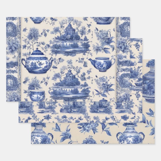 Blue willow Decoupage Set of Three  Wrapping Paper Sheet (Set)
