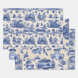 Blue willow Decoupage Set of Three  Wrapping Paper Sheet