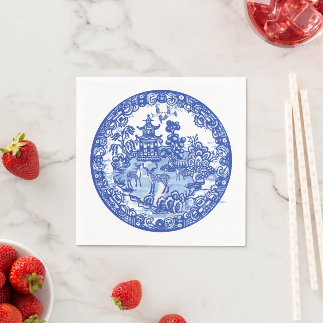 Blue Willow Deer Asian Temple Garden Art Napkins (Insitu)