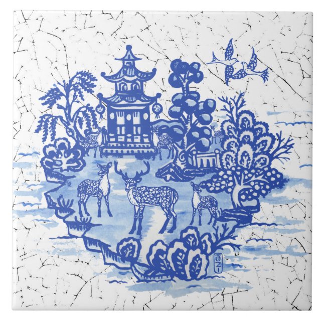 Blue Willow Deer Herd Antique Pagoda Phoenix Tile (Front)