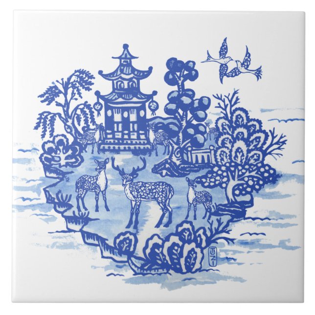 Blue Willow Deer Herd Antique Pagoda Phoenix Tile (Front)