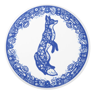 Blue Willow Design Fox Standing Facing Right Ceramic Knob