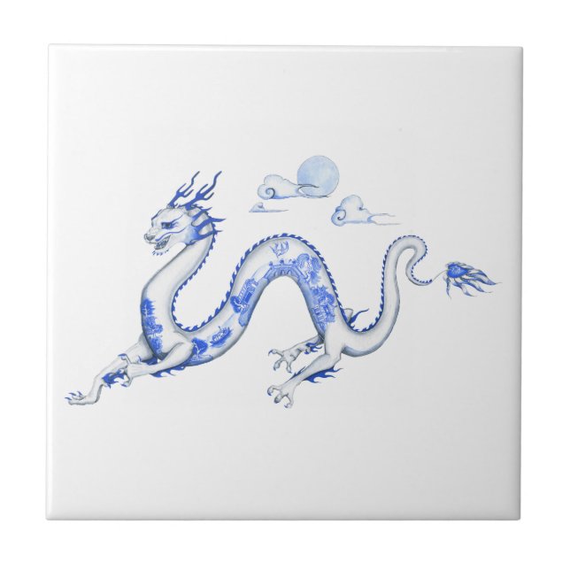 Blue Willow Dragon Tile with White Background (Front)