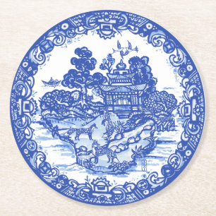 Blue Willow Fox Foxes Floral Antique Pagoda Bird Round Paper Coaster