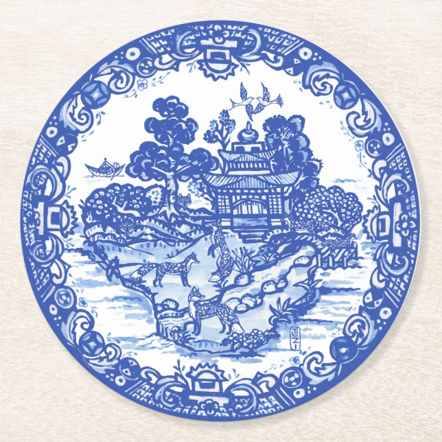 Blue Willow Fox Foxes Floral Antique Pagoda Bird Round Paper Coaster (Front)