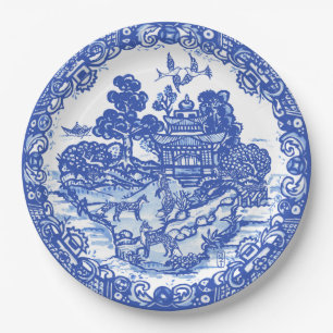 Blue Willow Fox Island Asian Temple Garden Art Paper Plate
