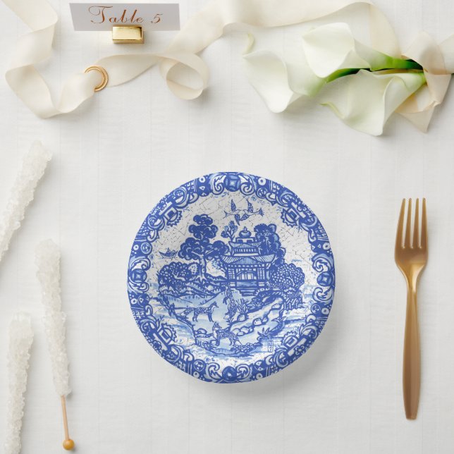 Blue Willow Fox Island Asian Temple Garden Crackle Paper Plate (Wedding)