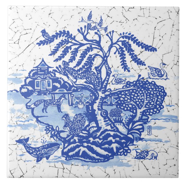 Blue Willow Fox Rabbit Squirrel Bird Whale Pagoda Tile (Front)