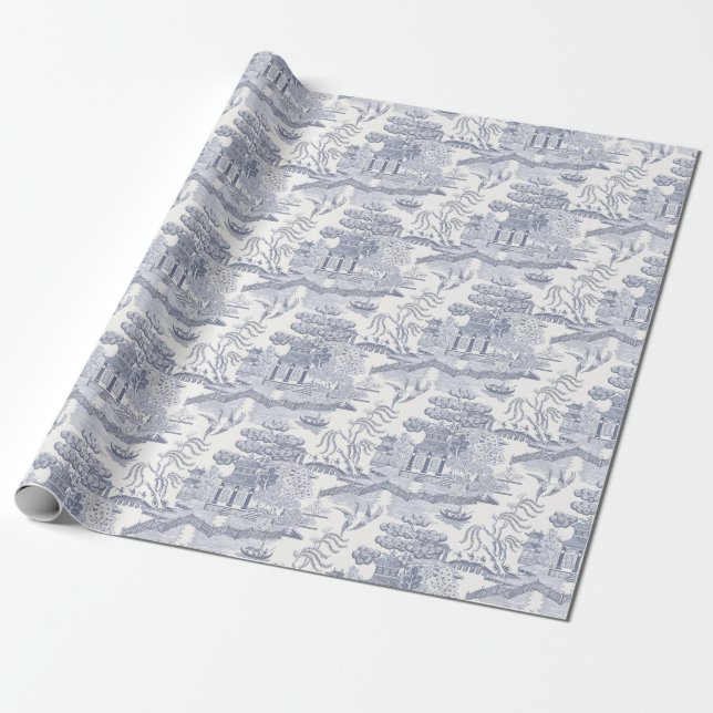 Blue Willow in Grey Blue Lumbar PIllow Wrapping Paper (Unrolled)