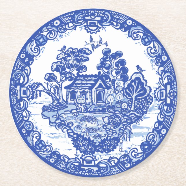 Blue Willow Lucky Cat Koi Pond China Temple Unique Round Paper Coaster (Front)