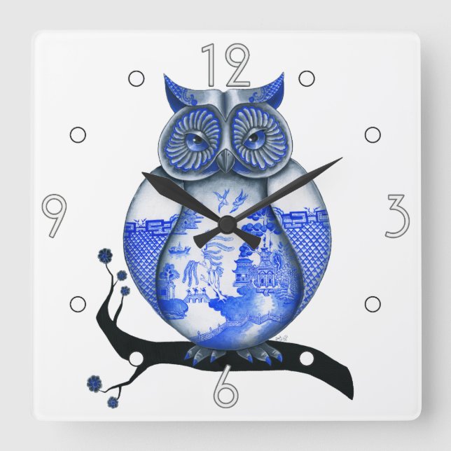 Blue Willow Owl Wall Clock (Front)