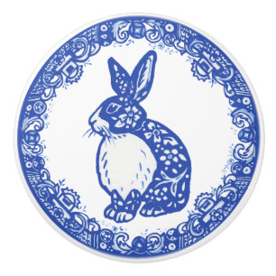 Blue Willow Pattern Rabbit Bunny Cute Faces Left Ceramic Knob