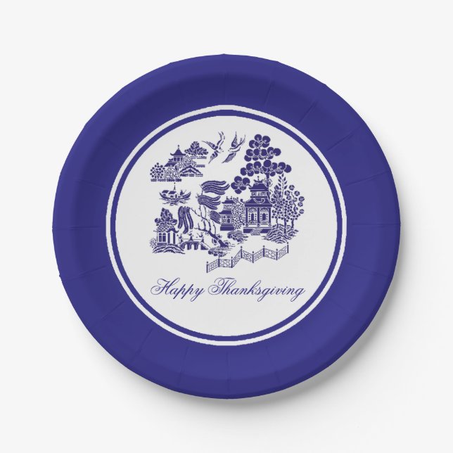 Blue Willow Pattern Your Greeting or Holiday Paper Plate (Front)
