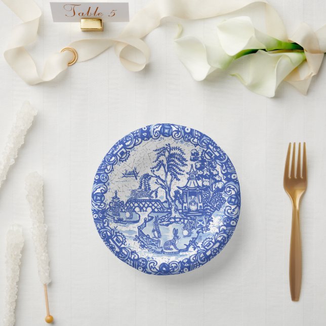Blue Willow Rabbit Classic Whimsical Pottery Paper Plate (Wedding)