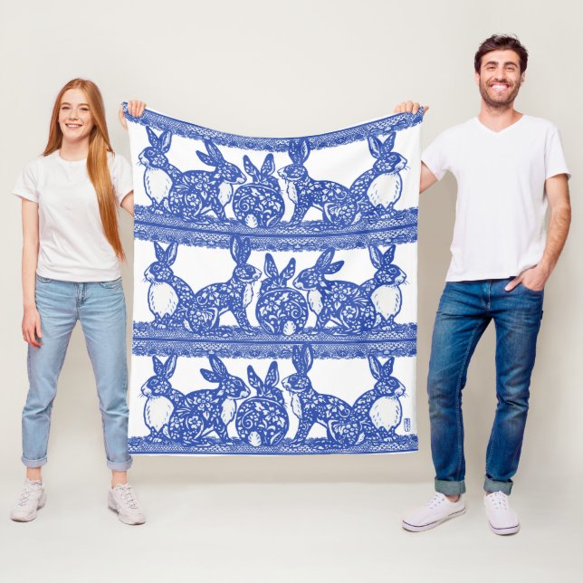 Blue Willow Rabbit Floral Chinoiserie Bunny Design Fleece Blanket (In Situ)