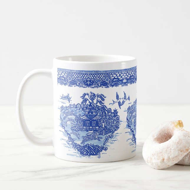 Blue Willow Rabbit Hare Isle of Animals  Fun Art Coffee Mug (With Donut)