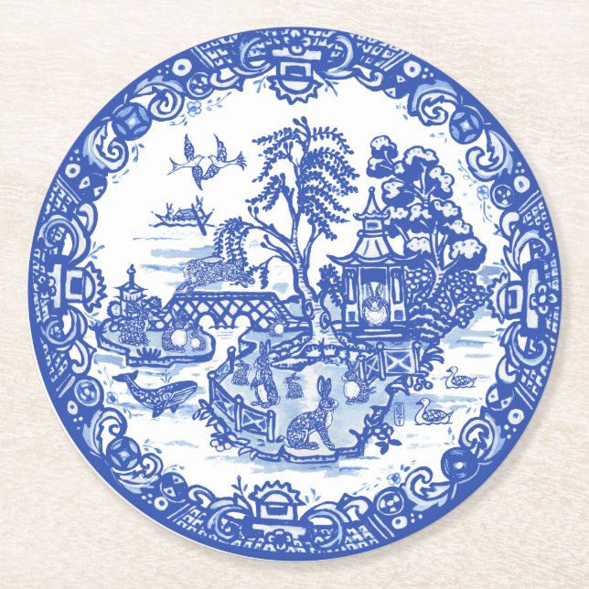 Blue Willow Rabbit Island Antique Fantasy Art Round Paper Coaster (Front)