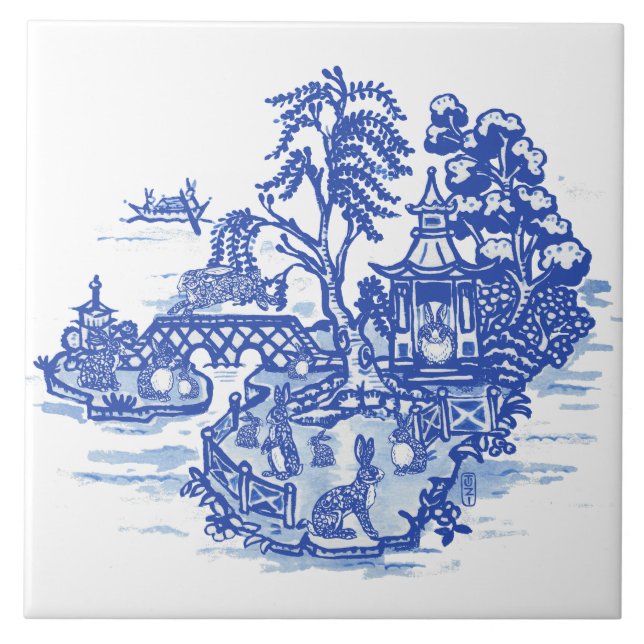 Blue Willow  Rabbit Island Antique Fantasy Art Tile (Front)