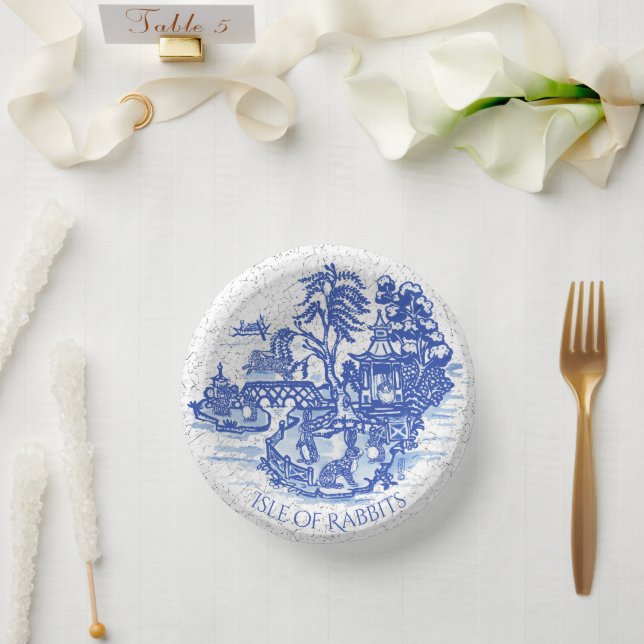 Blue Willow Rabbit Island Whimsical Crackle Look Paper Plate (Wedding)