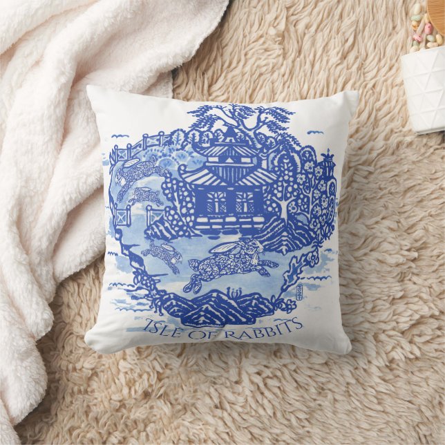 Blue Willow Rabbit Island White Whimsical Toile Throw Pillow (Blanket)